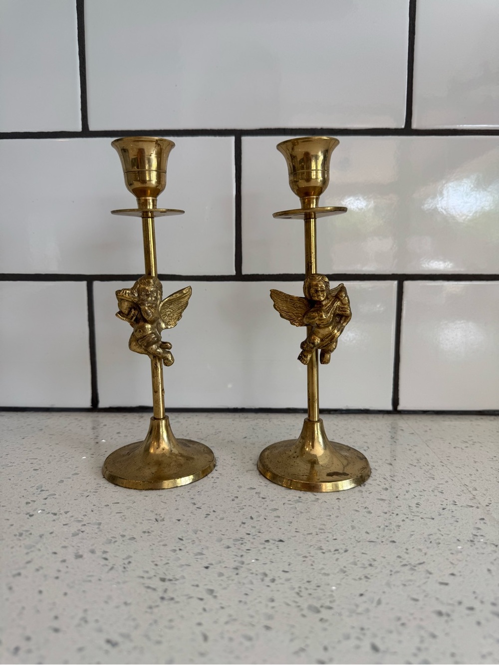 Vintage Pair Brass Cherub Angel Candle Holders